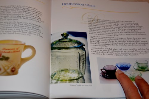 depression glass page in book